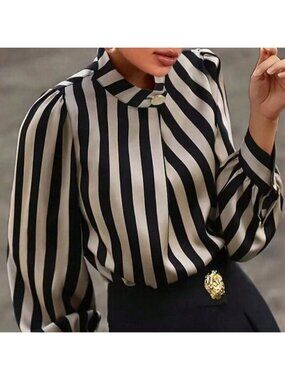 Black Elegant Women's Striped Print Mock Neck Blouse